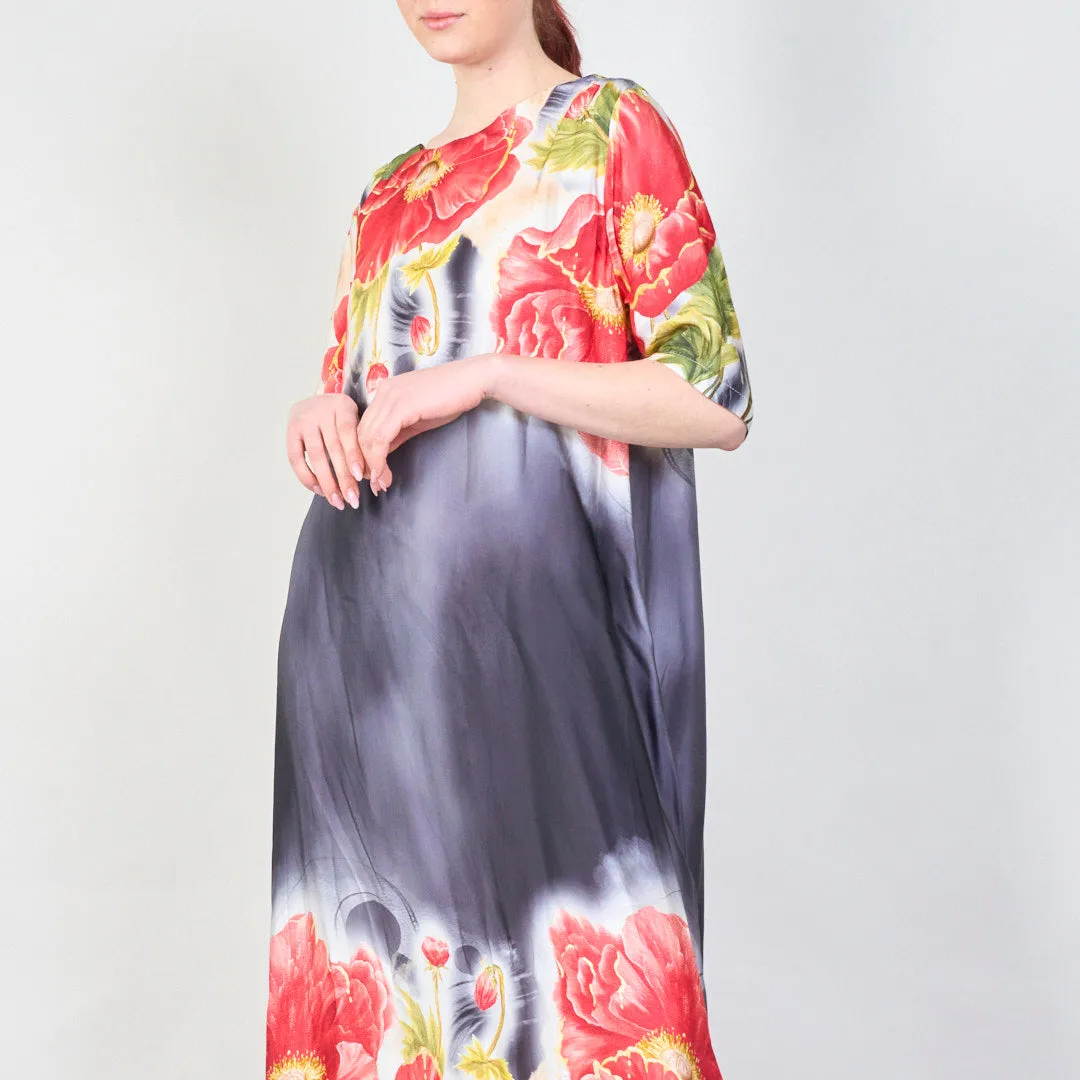 Bold poppy bloom satin kaftan dress