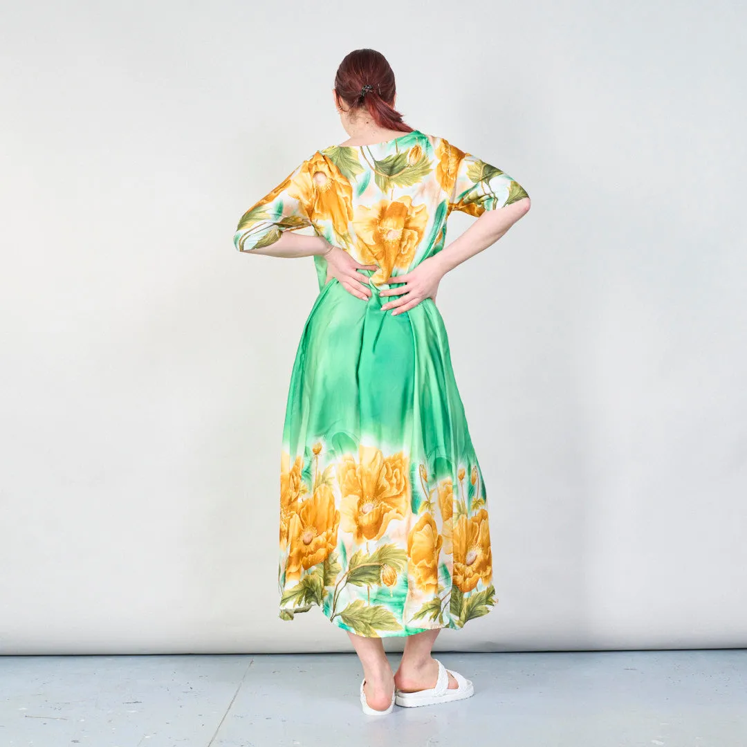 Bold poppy bloom satin kaftan dress
