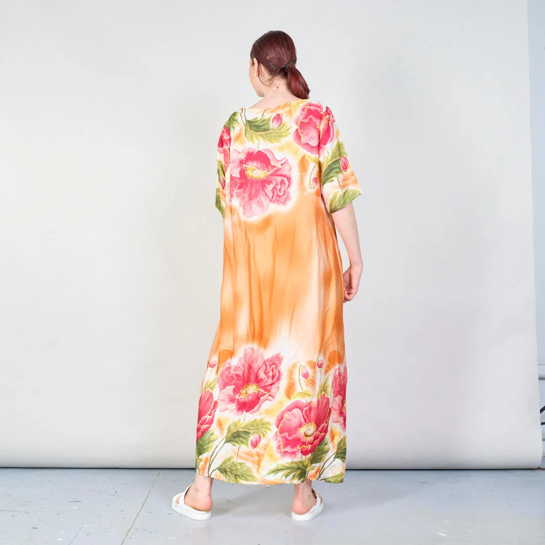 Bold poppy bloom satin kaftan dress