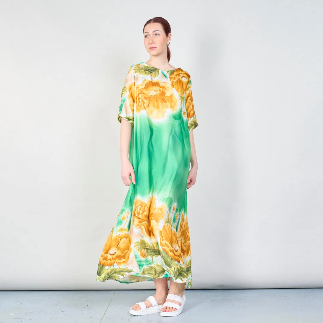 Bold poppy bloom satin kaftan dress
