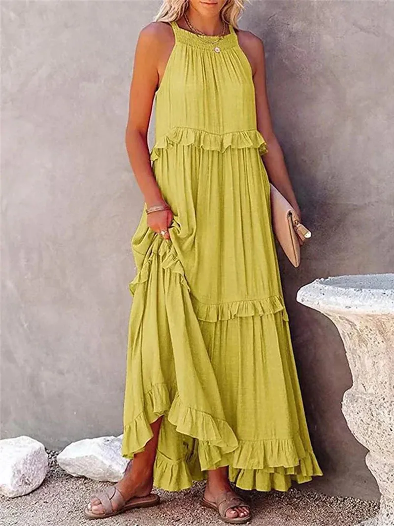 Bonnyshow Summer Loose Long Dress Women Casual Elegant Ruffle Halter Sleeveless Female Party Outfits Beach Maxi Dresses Green Tie-Up Robe
