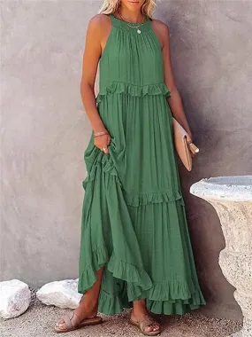 Bonnyshow Summer Loose Long Dress Women Casual Elegant Ruffle Halter Sleeveless Female Party Outfits Beach Maxi Dresses Green Tie-Up Robe