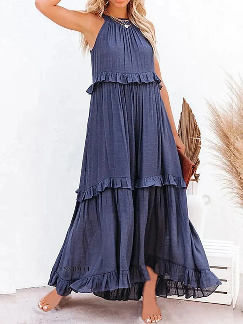 Bonnyshow Summer Loose Long Dress Women Casual Elegant Ruffle Halter Sleeveless Female Party Outfits Beach Maxi Dresses Green Tie-Up Robe