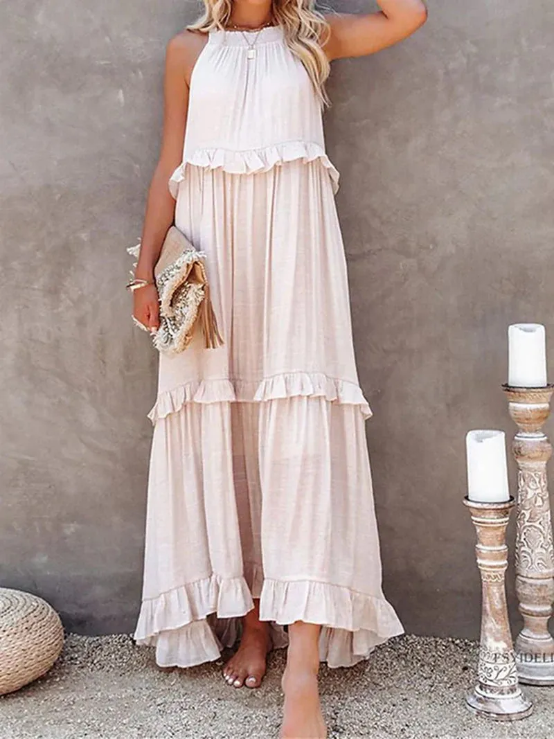 Bonnyshow Summer Loose Long Dress Women Casual Elegant Ruffle Halter Sleeveless Female Party Outfits Beach Maxi Dresses Green Tie-Up Robe
