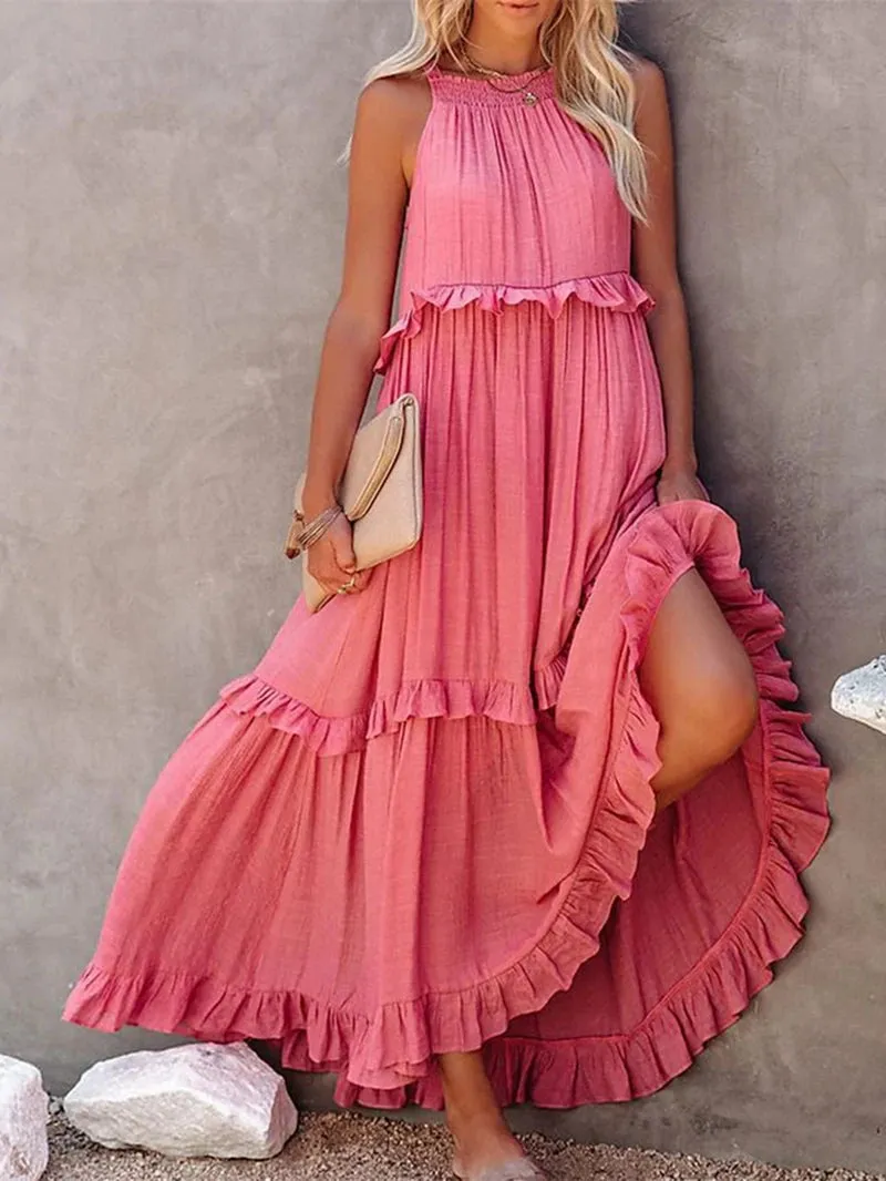 Bonnyshow Summer Loose Long Dress Women Casual Elegant Ruffle Halter Sleeveless Female Party Outfits Beach Maxi Dresses Green Tie-Up Robe