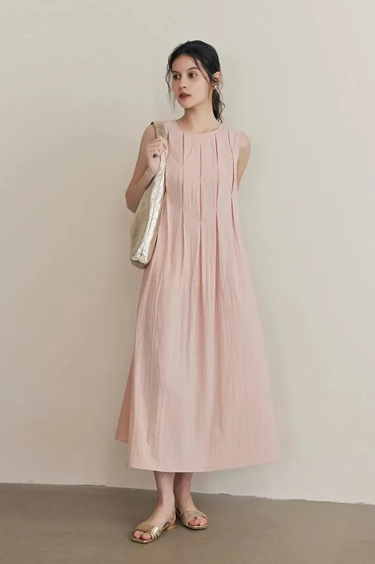 Causal Summer Pleat Textured Light Pink Midi Tank Dress