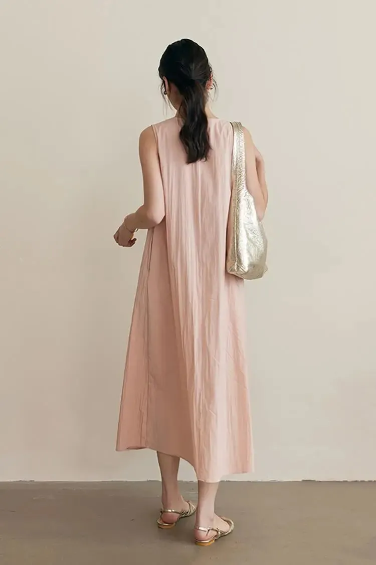 Causal Summer Pleat Textured Light Pink Midi Tank Dress