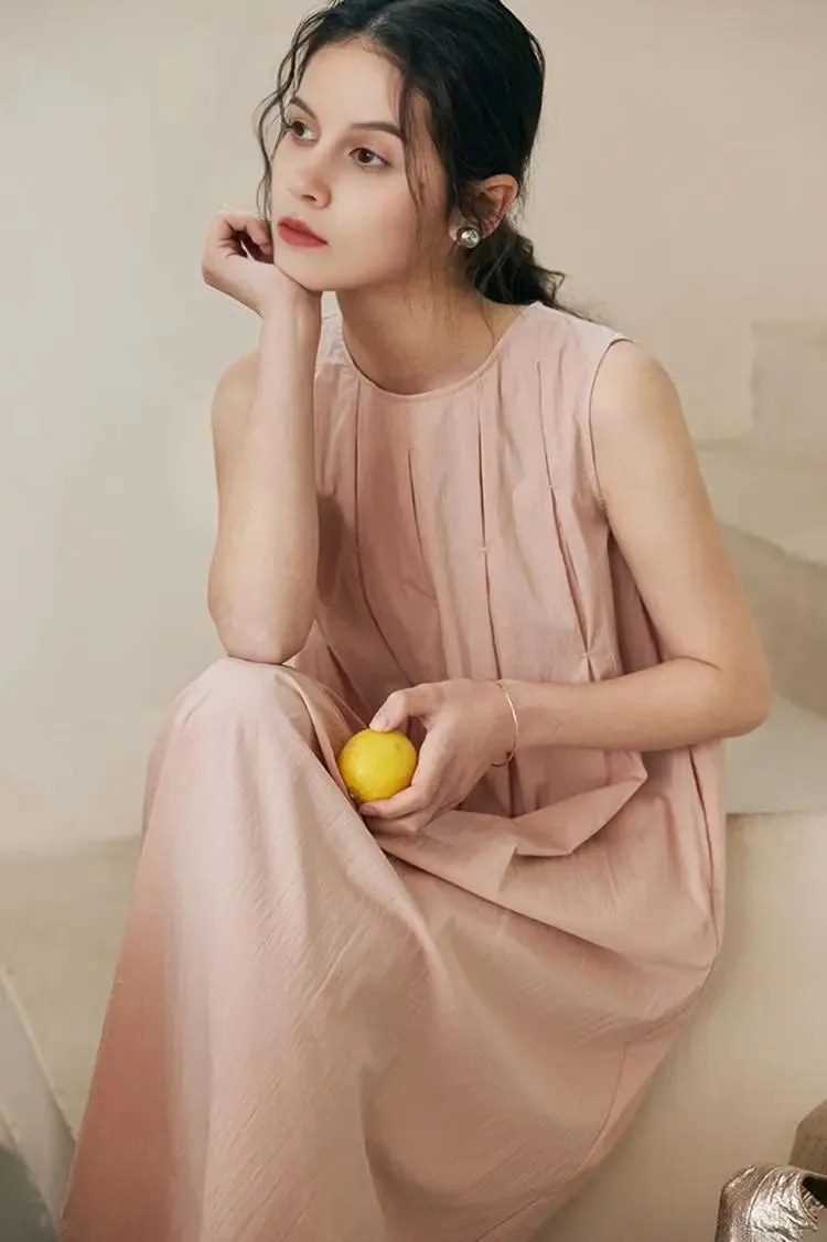 Causal Summer Pleat Textured Light Pink Midi Tank Dress