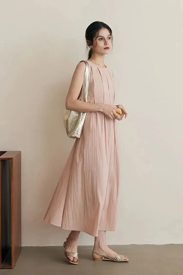 Causal Summer Pleat Textured Light Pink Midi Tank Dress