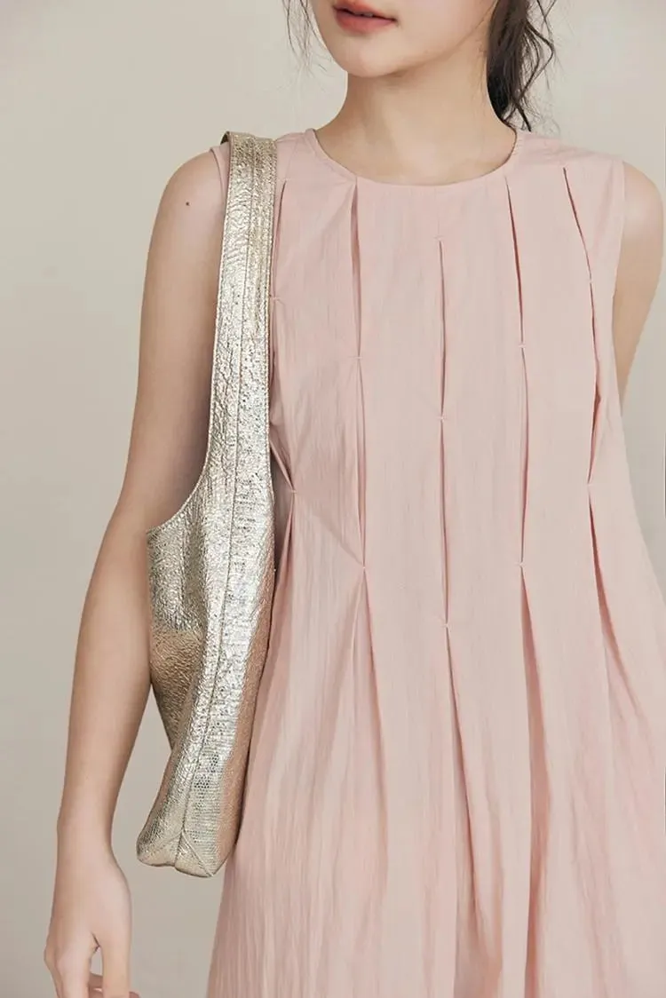 Causal Summer Pleat Textured Light Pink Midi Tank Dress