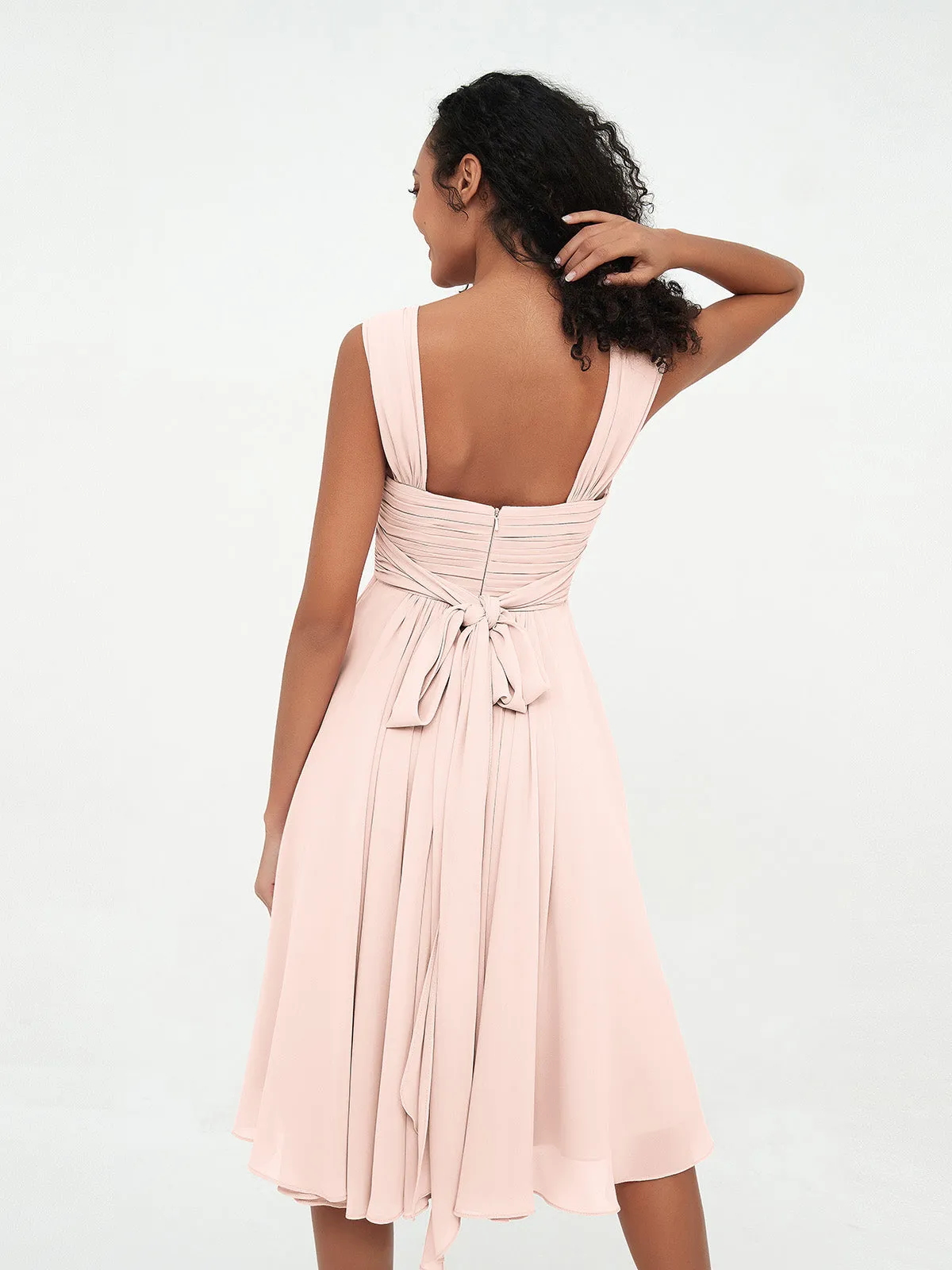 Chiffon Empire Short Dresses with Pockets-Pearl Pink Plus Size