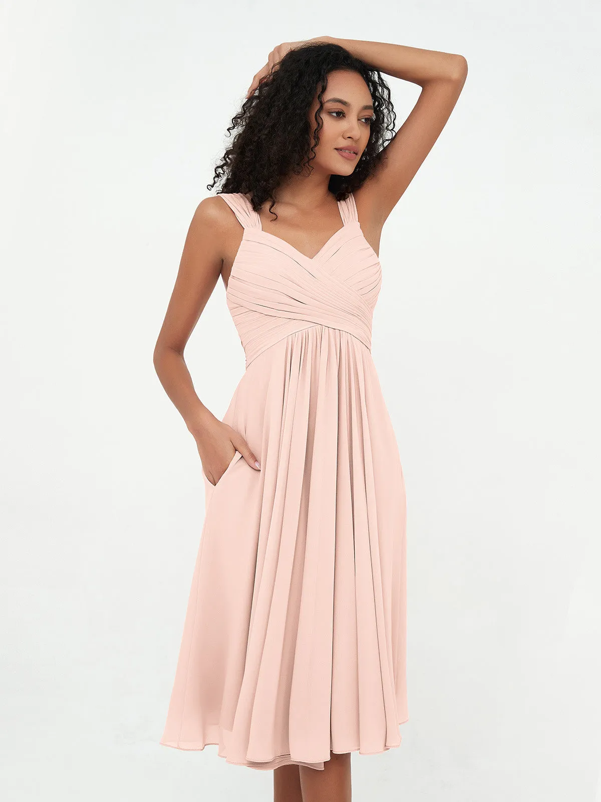 Chiffon Empire Short Dresses with Pockets-Pearl Pink Plus Size