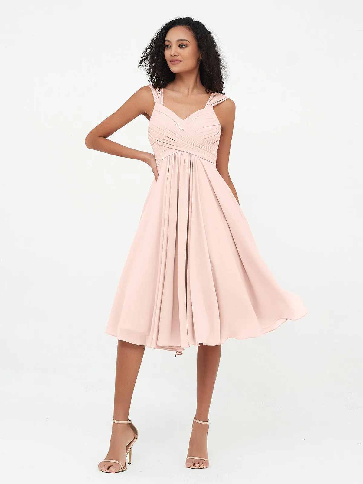 Chiffon Empire Short Dresses with Pockets-Pearl Pink Plus Size