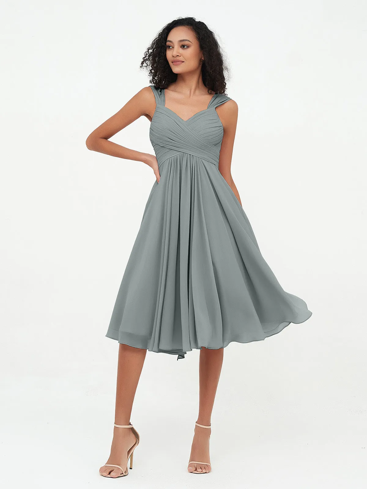 Chiffon Empire Short Dresses with Pockets-Steel Grey Plus Size