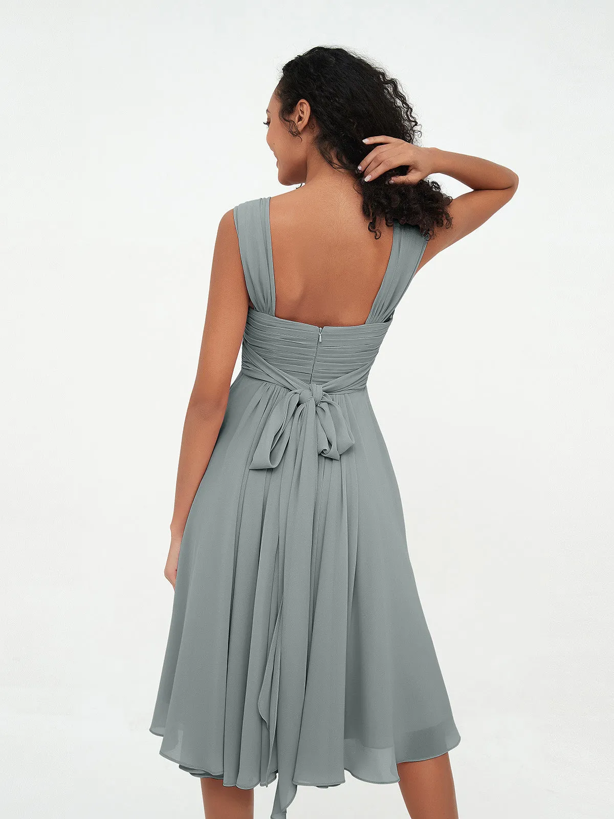 Chiffon Empire Short Dresses with Pockets-Steel Grey Plus Size