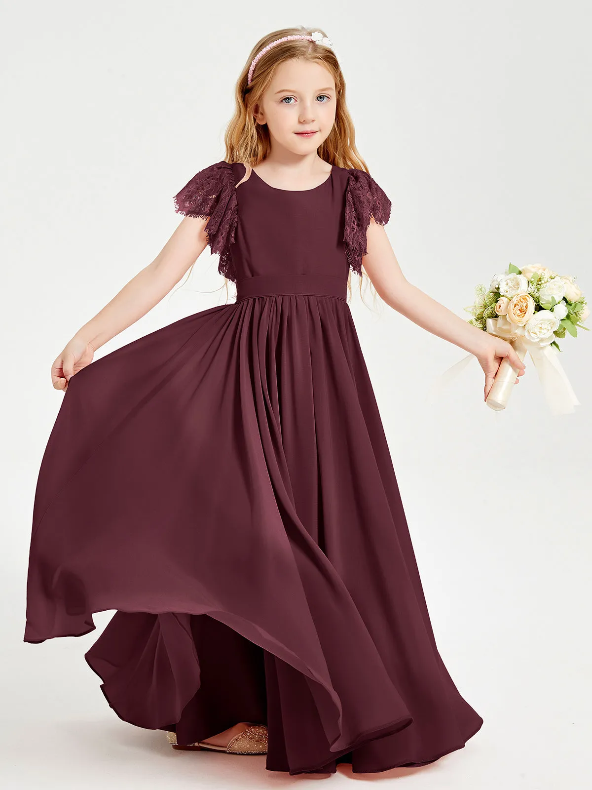 Chiffon Junior Bridesmaid Dresses Lace Flutter Sleeves Scoop Neck Cabernet