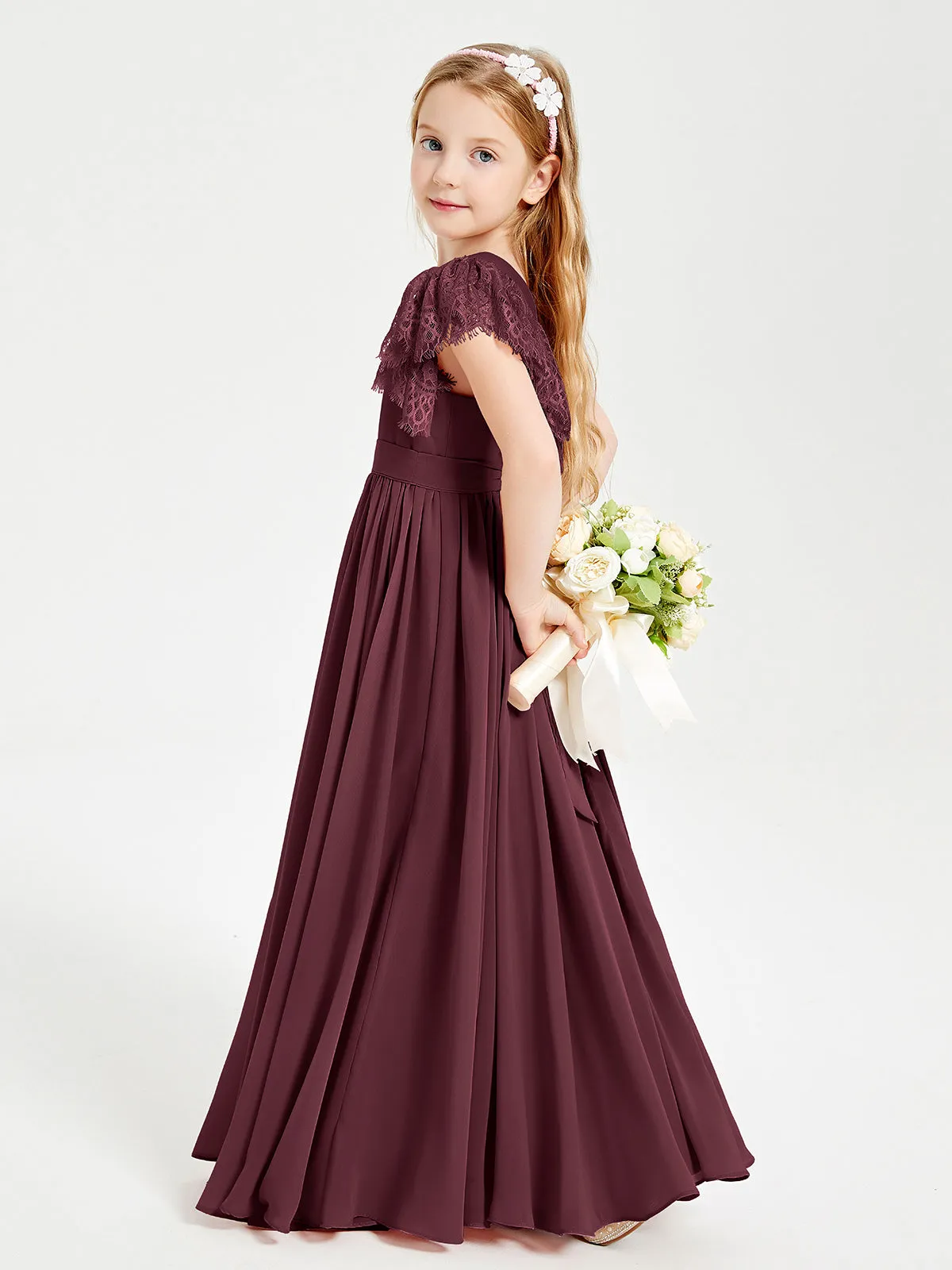 Chiffon Junior Bridesmaid Dresses Lace Flutter Sleeves Scoop Neck Cabernet