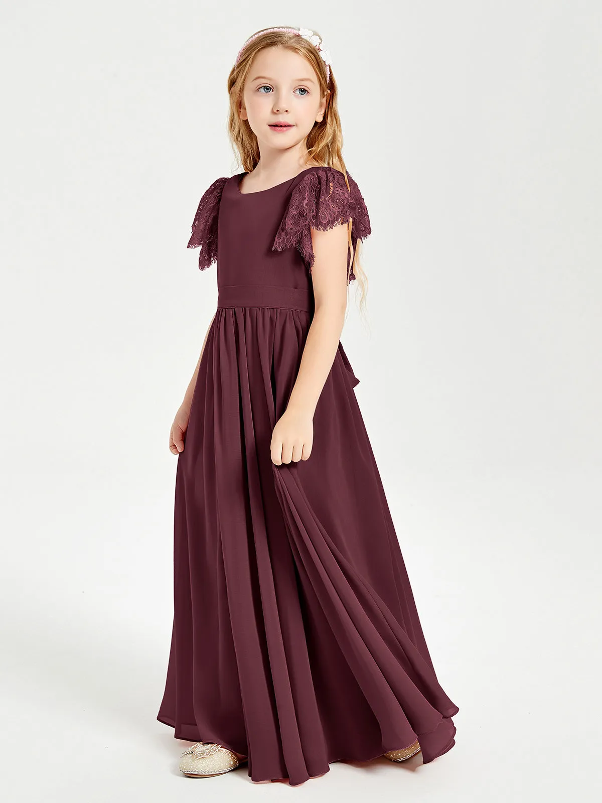 Chiffon Junior Bridesmaid Dresses Lace Flutter Sleeves Scoop Neck Cabernet