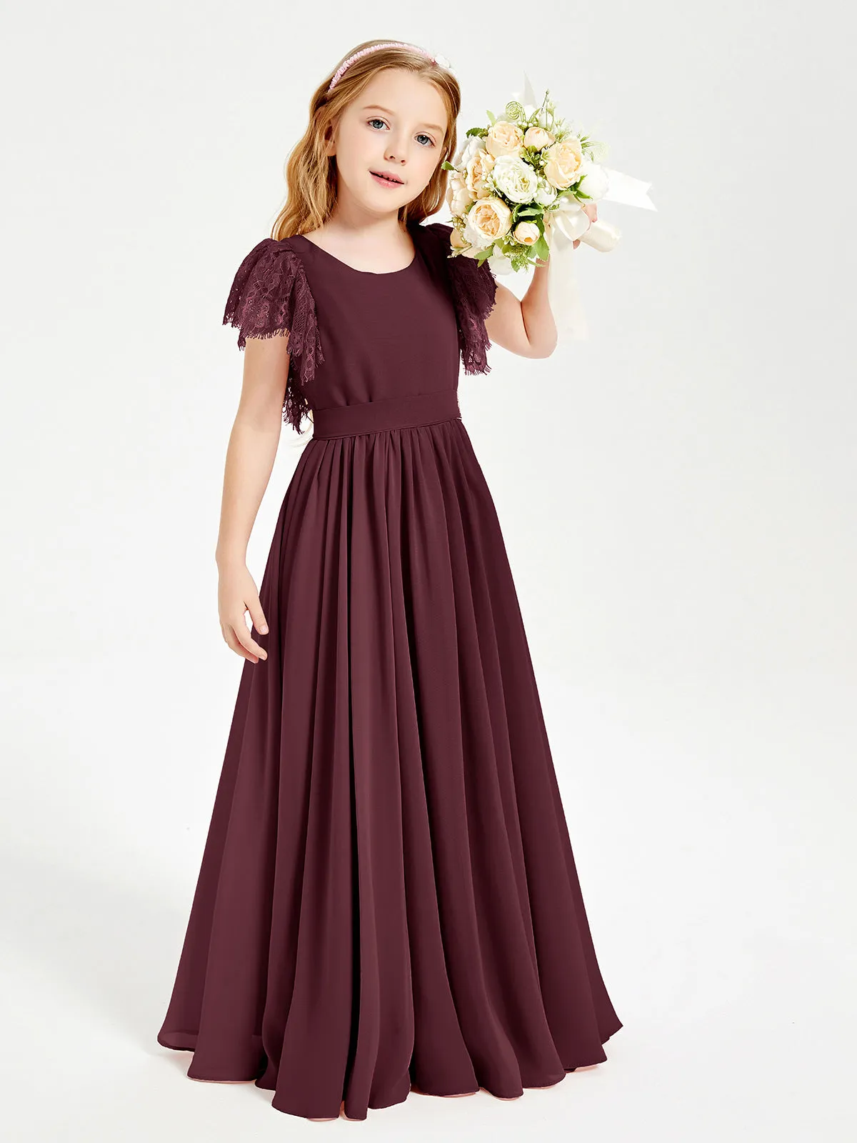 Chiffon Junior Bridesmaid Dresses Lace Flutter Sleeves Scoop Neck Cabernet