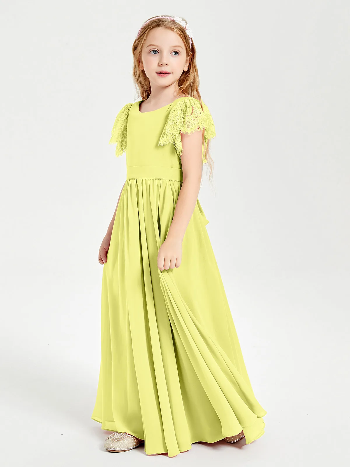 Chiffon Junior Bridesmaid Dresses Lace Flutter Sleeves Scoop Neck Daffodil