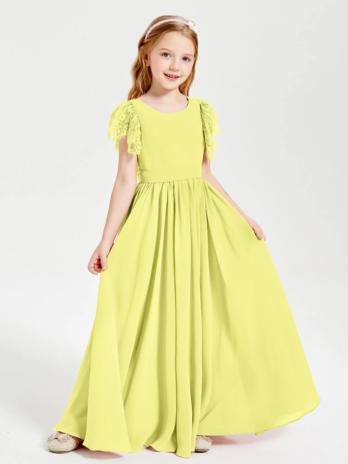 Chiffon Junior Bridesmaid Dresses Lace Flutter Sleeves Scoop Neck Daffodil