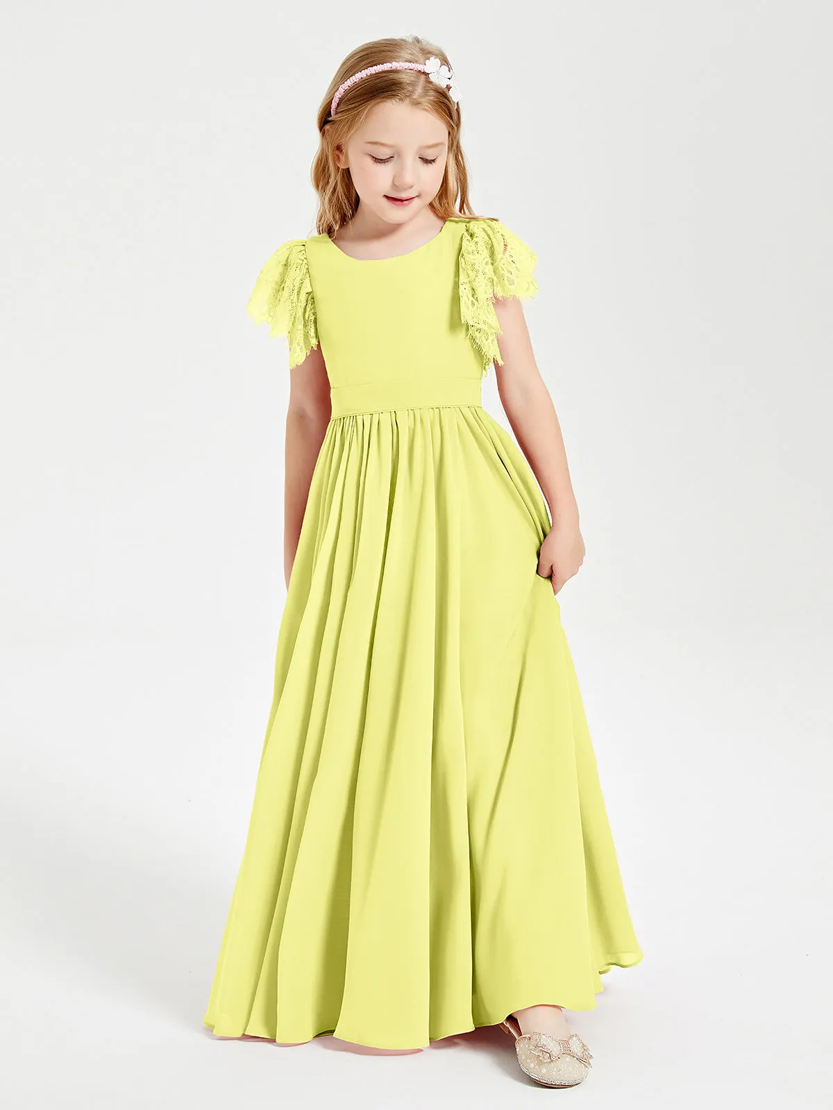 Chiffon Junior Bridesmaid Dresses Lace Flutter Sleeves Scoop Neck Daffodil