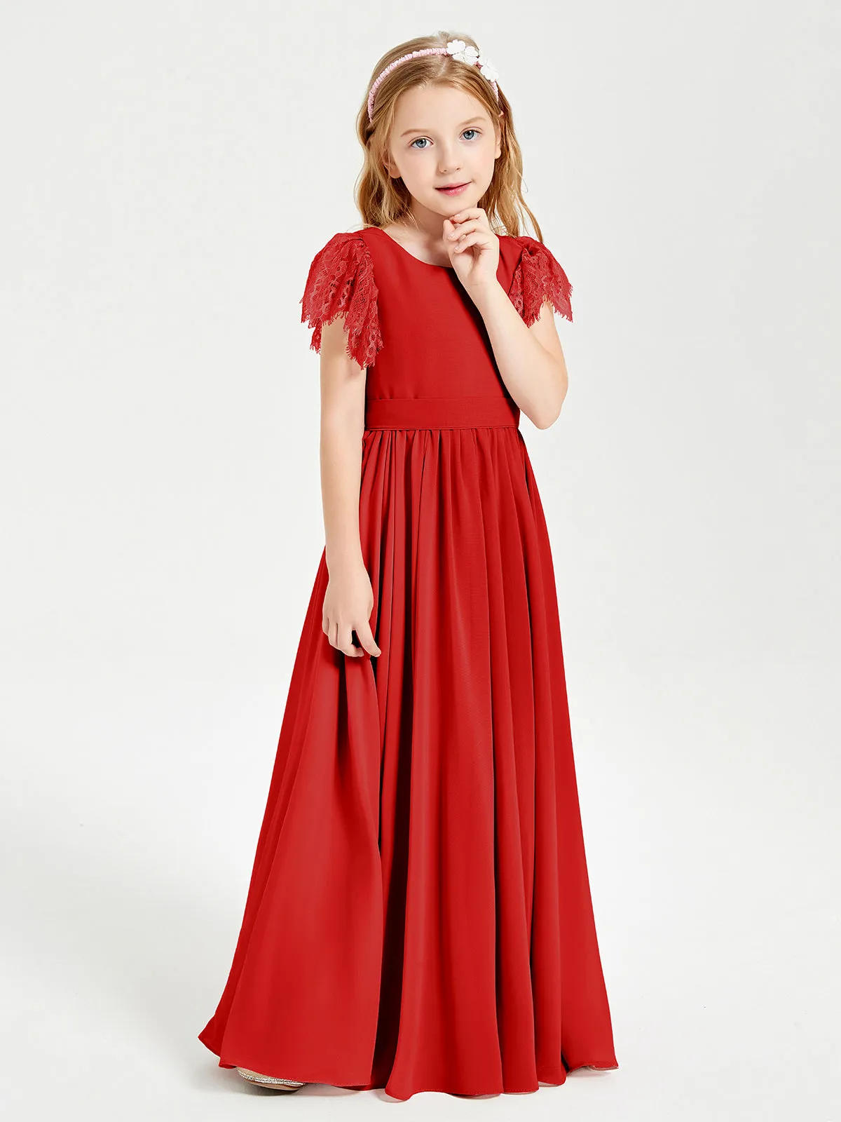 Chiffon Junior Bridesmaid Dresses Lace Flutter Sleeves Scoop Neck Red