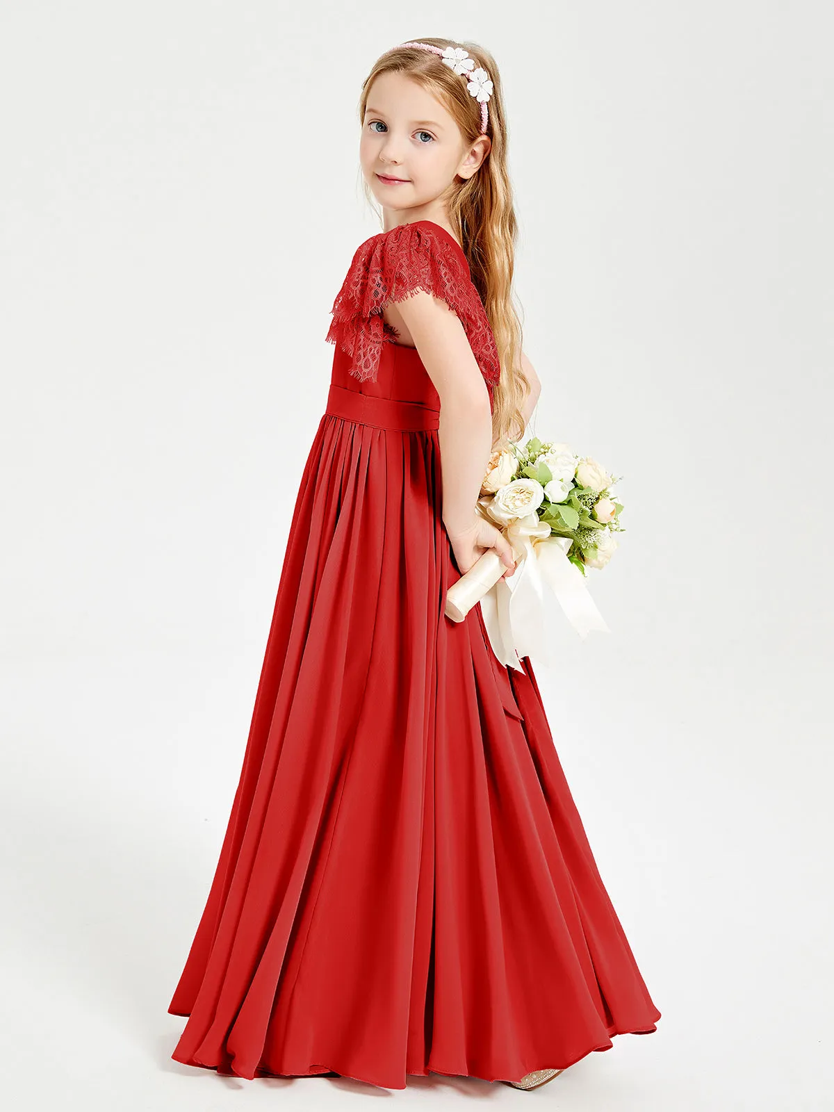 Chiffon Junior Bridesmaid Dresses Lace Flutter Sleeves Scoop Neck Red