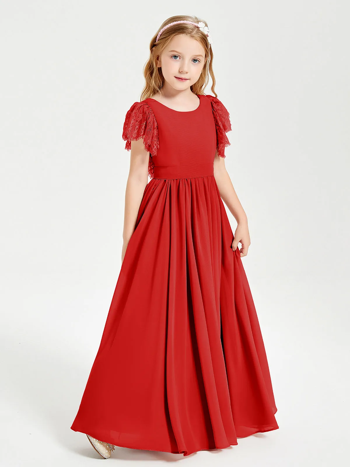 Chiffon Junior Bridesmaid Dresses Lace Flutter Sleeves Scoop Neck Red