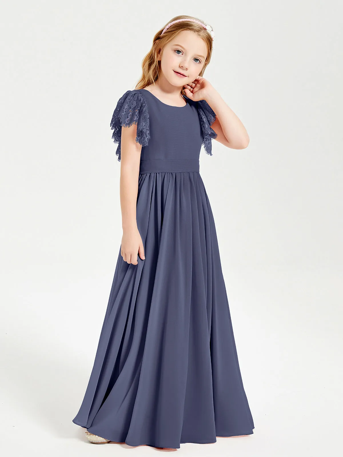Chiffon Junior Bridesmaid Dresses Lace Flutter Sleeves Scoop Neck Stormy