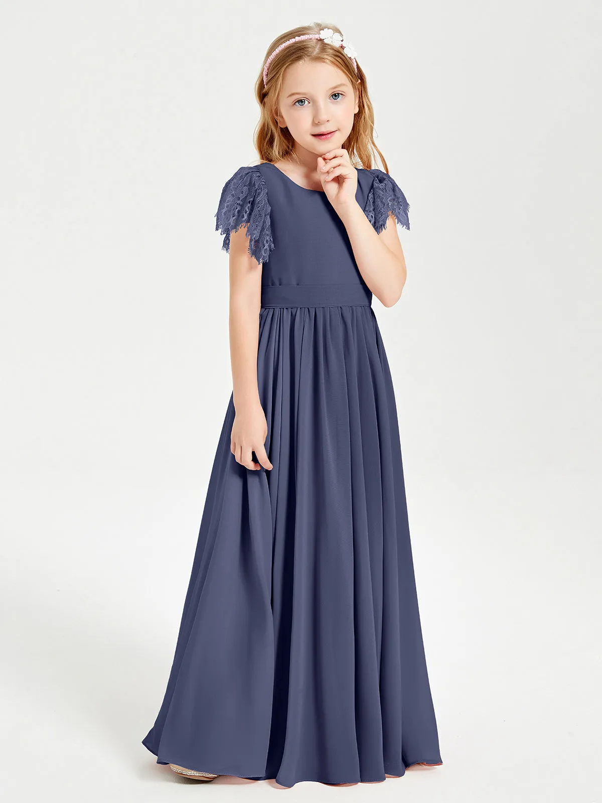 Chiffon Junior Bridesmaid Dresses Lace Flutter Sleeves Scoop Neck Stormy