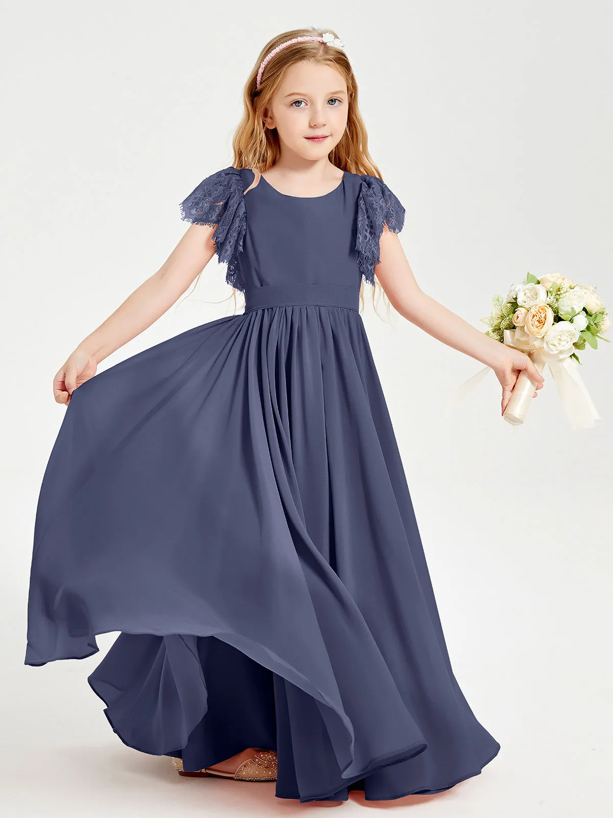 Chiffon Junior Bridesmaid Dresses Lace Flutter Sleeves Scoop Neck Stormy