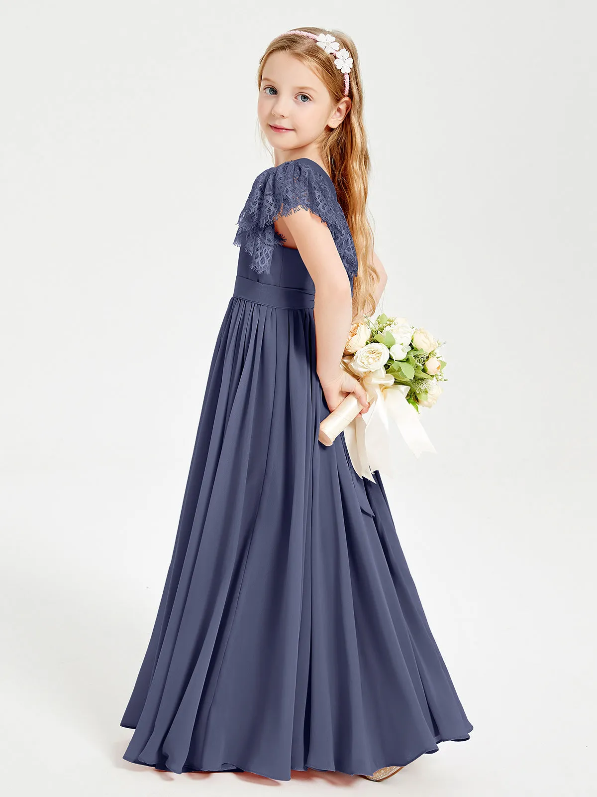 Chiffon Junior Bridesmaid Dresses Lace Flutter Sleeves Scoop Neck Stormy
