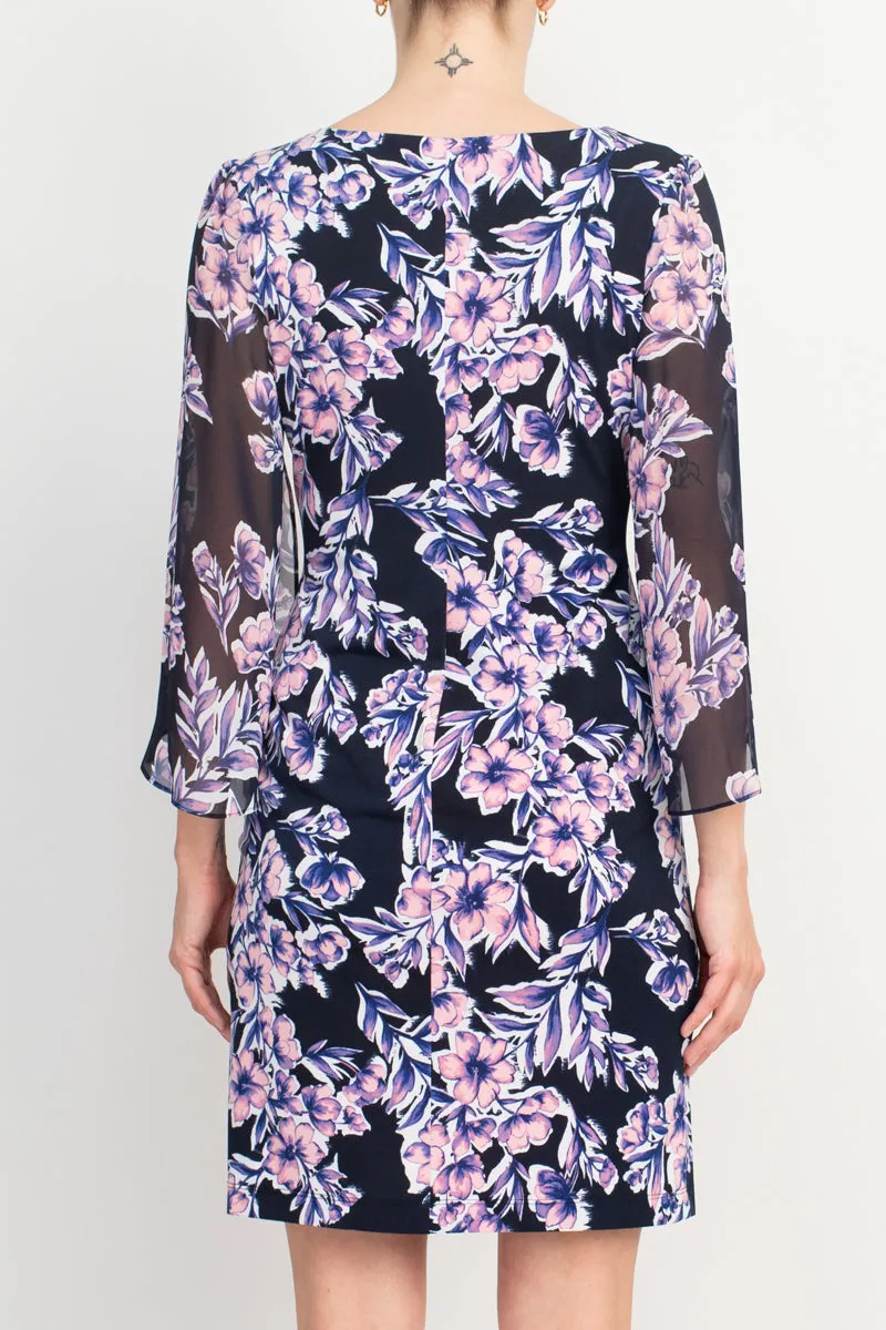 Connected Apparel Navy Floral-Print Bell-Sleeve Dress in Matte Jersey