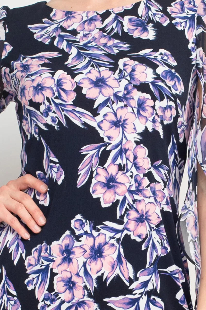 Connected Apparel Navy Floral-Print Bell-Sleeve Dress in Matte Jersey