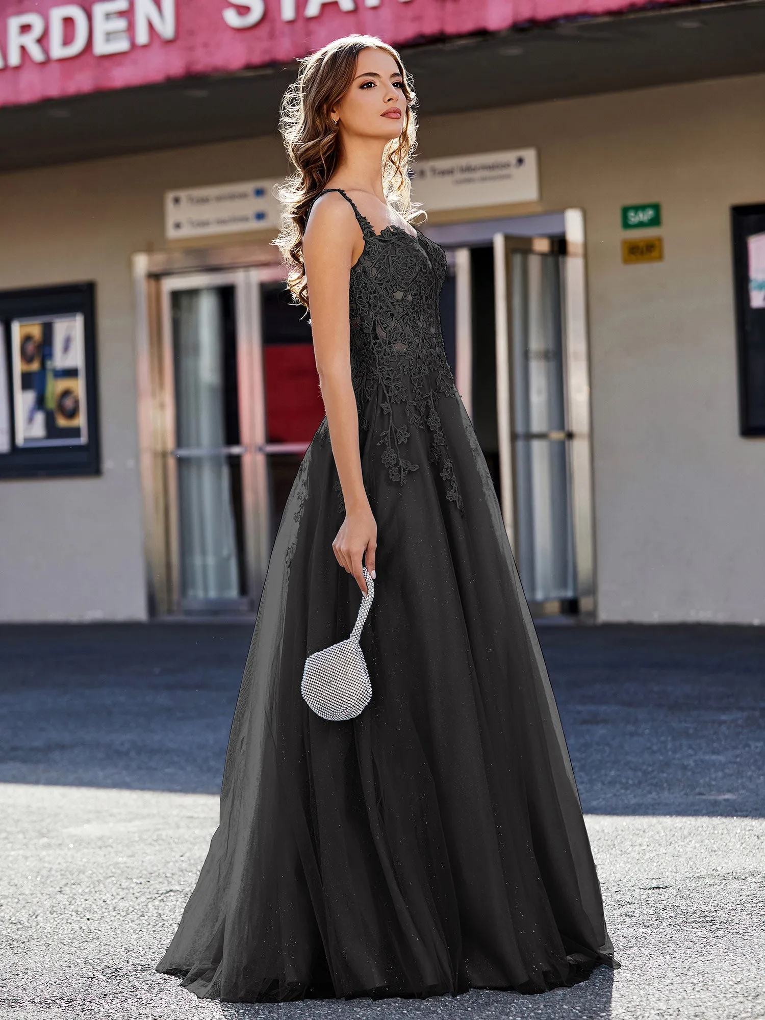 Corset Bodice A Line Tulle Gown Black