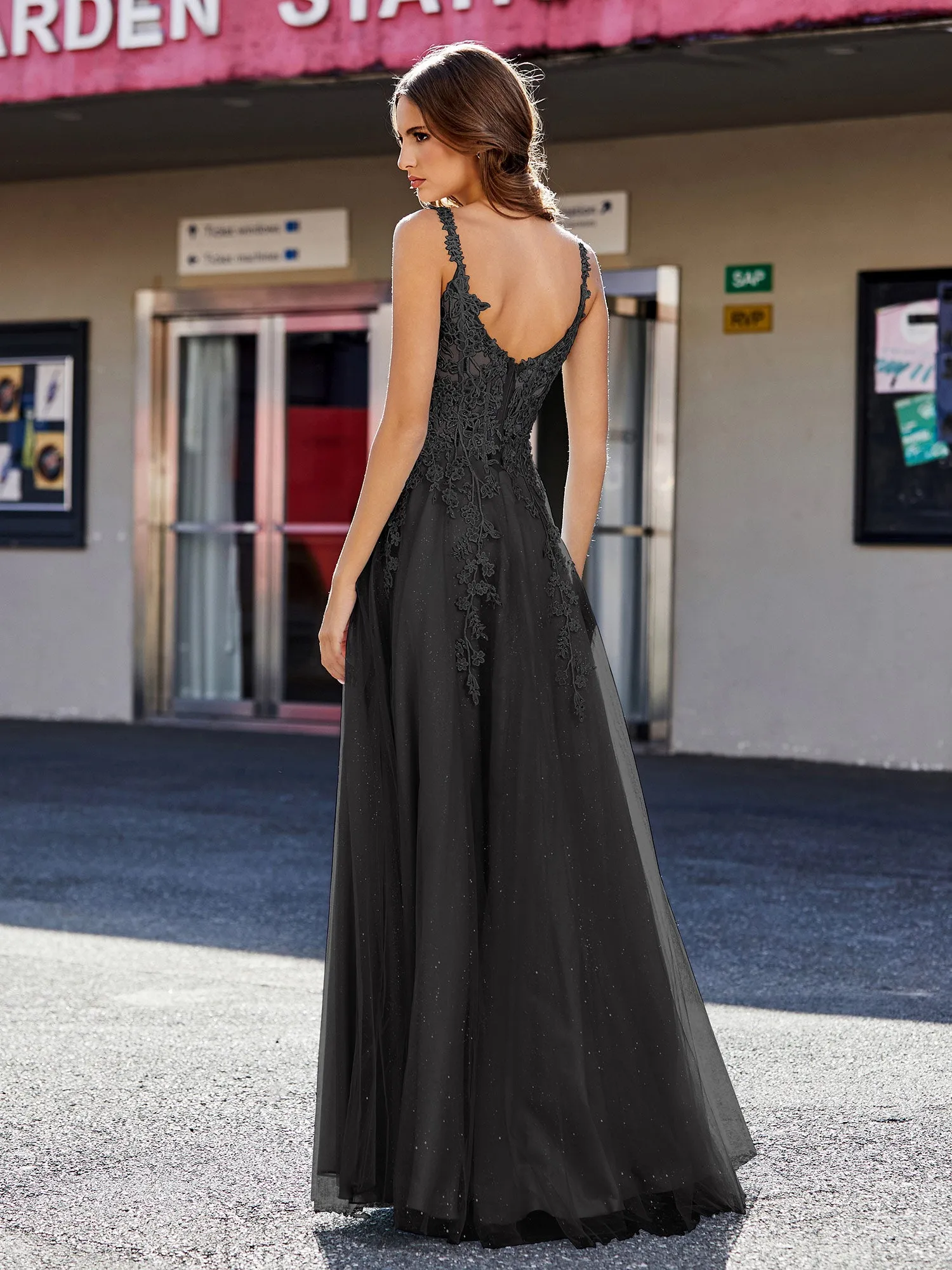 Corset Bodice A Line Tulle Gown Black