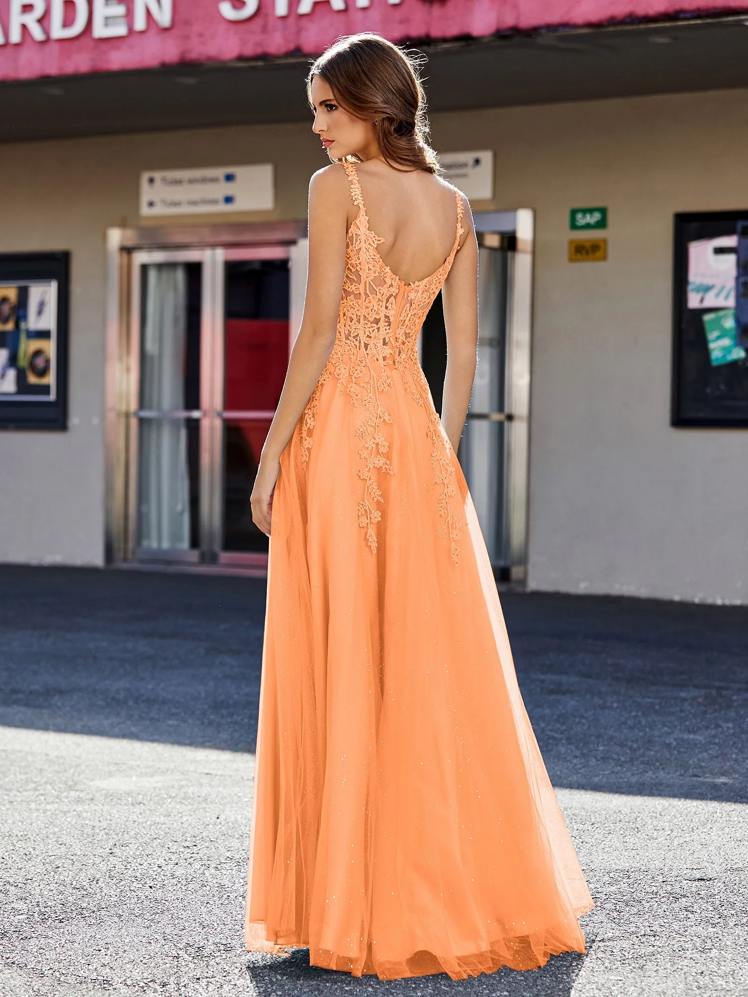 Corset Bodice A Line Tulle Gown Orange