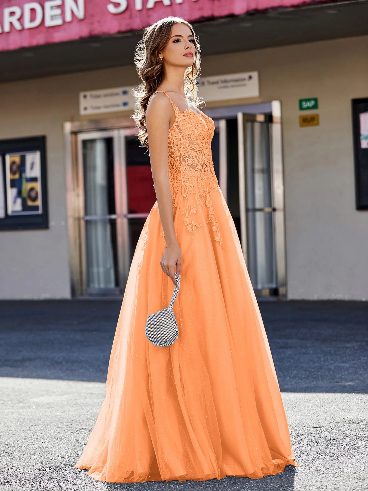 Corset Bodice A Line Tulle Gown Orange