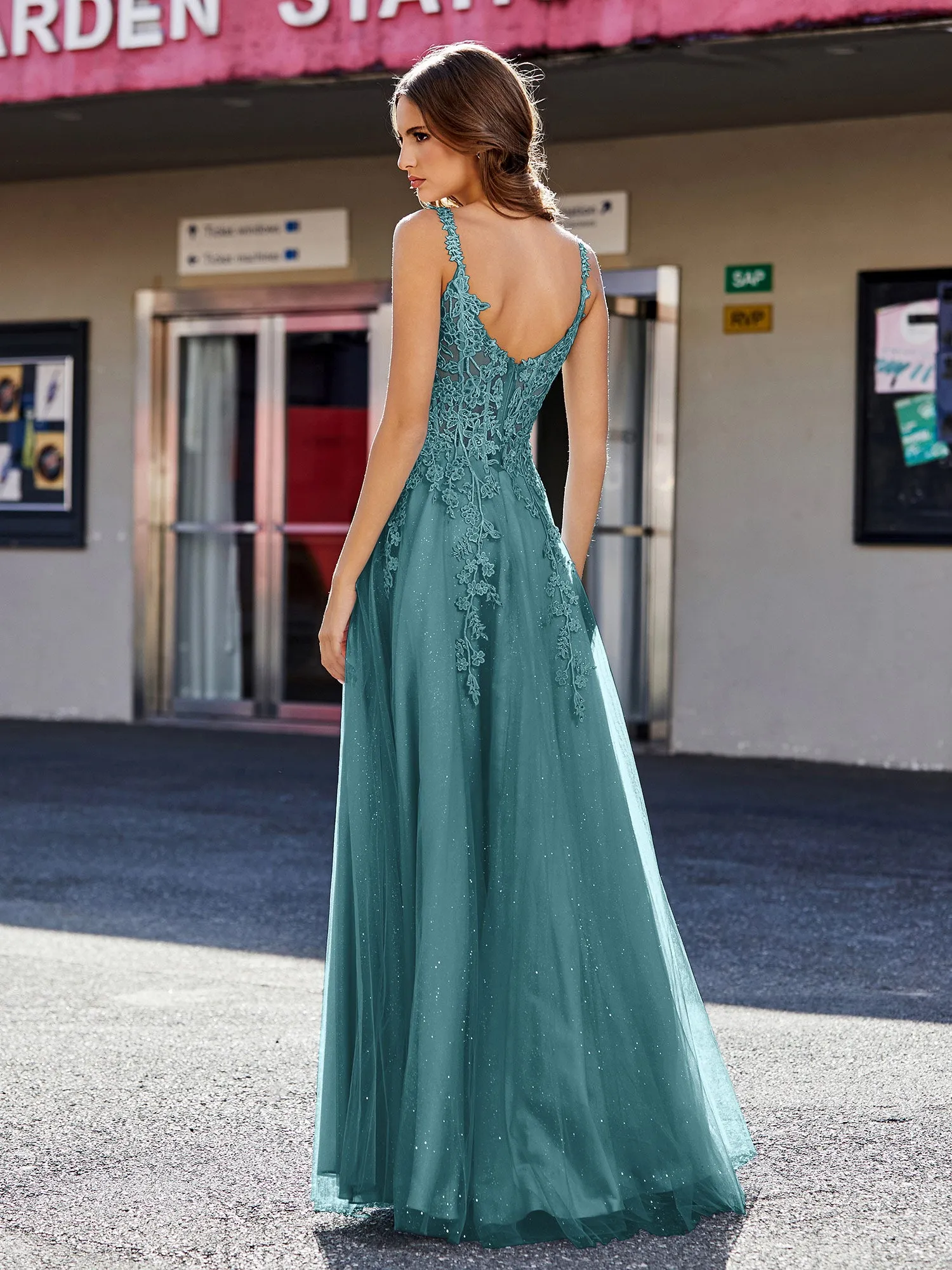 Corset Bodice A Line Tulle Gown Peacock