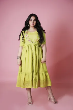 Cotton Green Jacket with A-Line Inner Dress