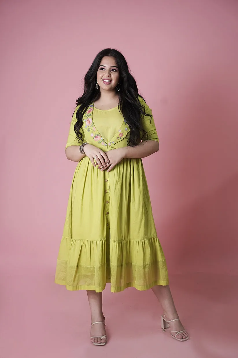Cotton Green Jacket with A-Line Inner Dress