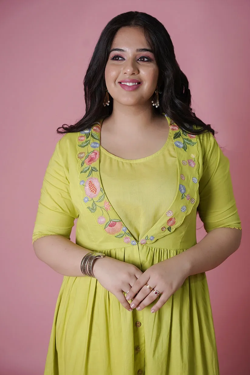 Cotton Green Jacket with A-Line Inner Dress
