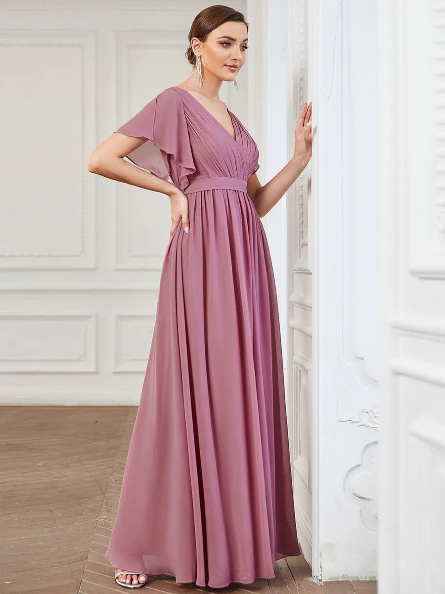 Custom Size V-Neck Flutter Sleeve Floor-Length A-Line Chiffon Evening Dress
