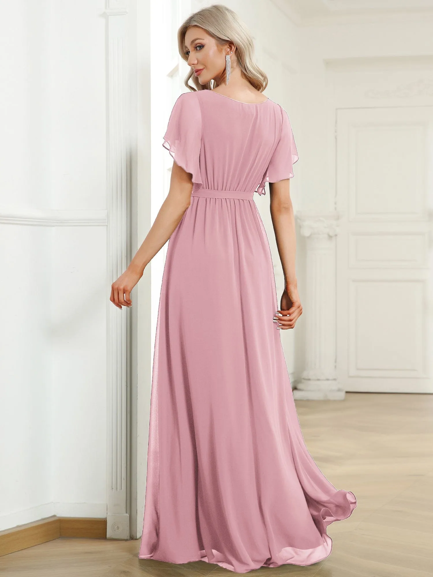 Custom Size V-Neck Flutter Sleeve Floor-Length A-Line Chiffon Evening Dress