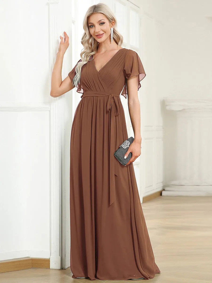 Custom Size V-Neck Flutter Sleeve Floor-Length A-Line Chiffon Evening Dress