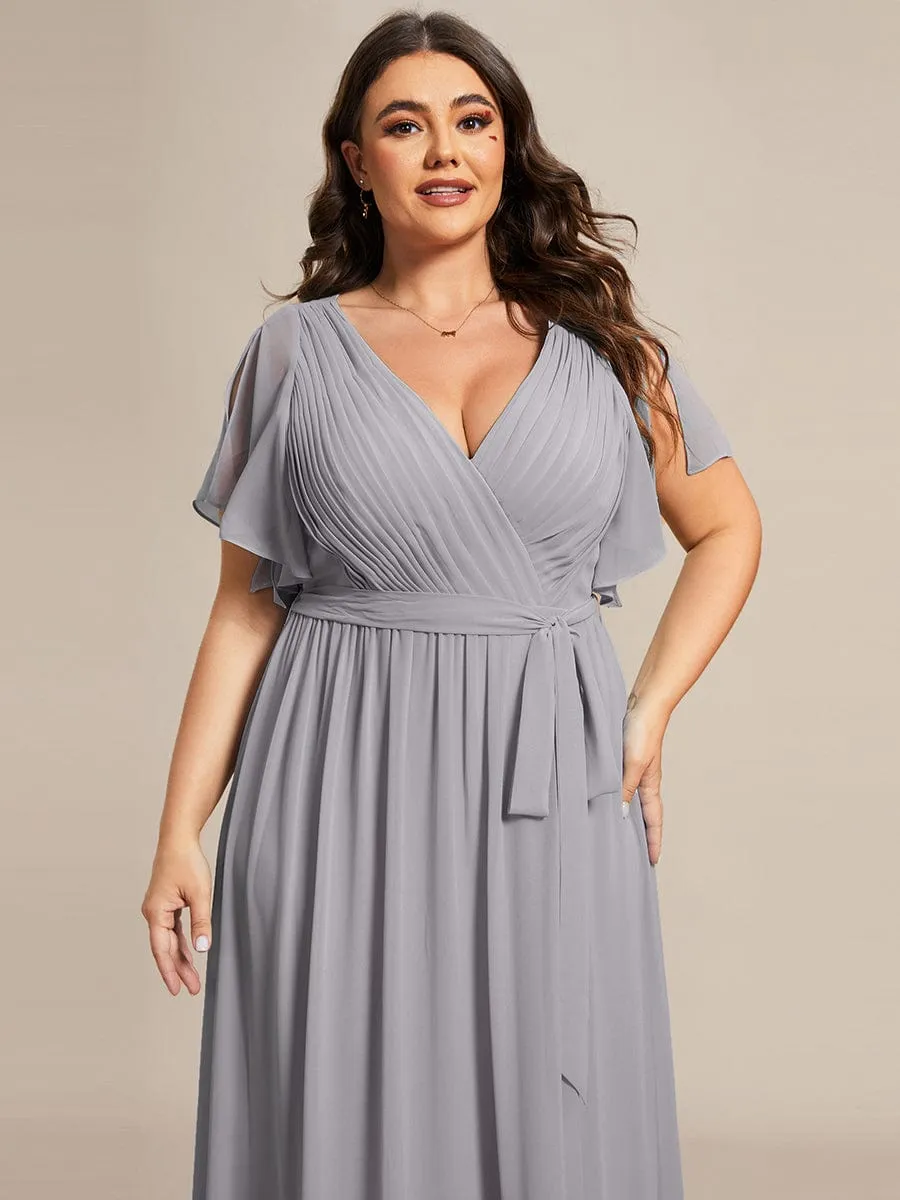 Custom Size V-Neck Flutter Sleeve Floor-Length A-Line Chiffon Evening Dress