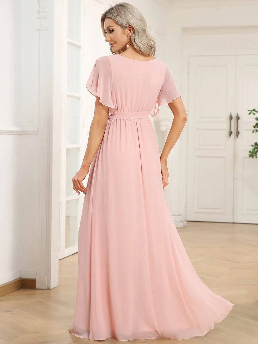Custom Size V-Neck Flutter Sleeve Floor-Length A-Line Chiffon Evening Dress