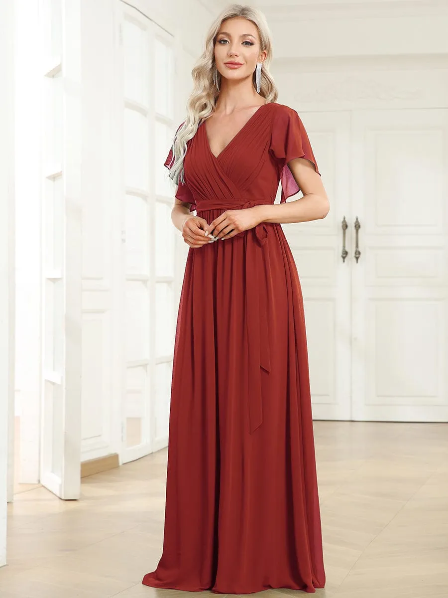 Custom Size V-Neck Flutter Sleeve Floor-Length A-Line Chiffon Evening Dress