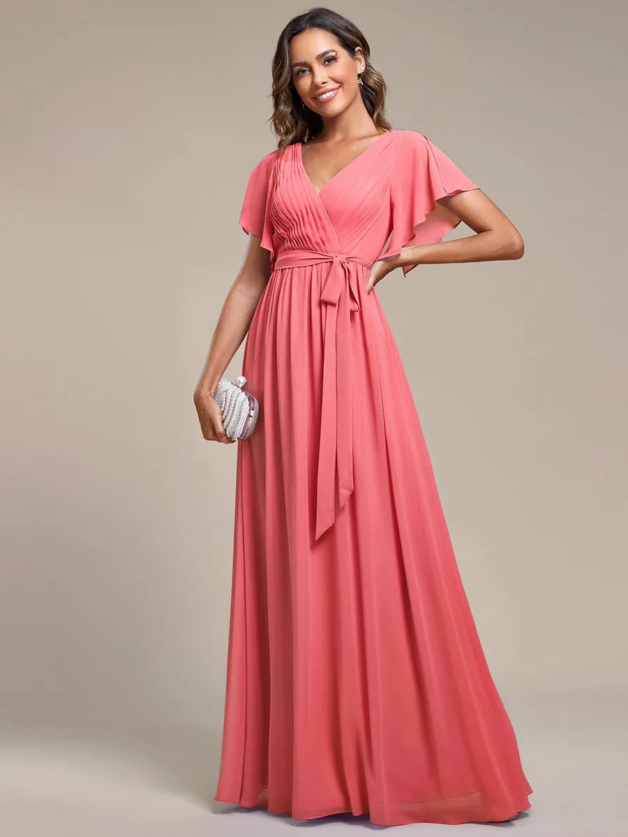 Custom Size V-Neck Flutter Sleeve Floor-Length A-Line Chiffon Evening Dress